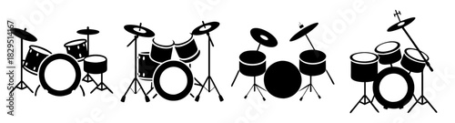 Illustration of multiple drum sets with various drum sizes and cymbal configurations in black and white