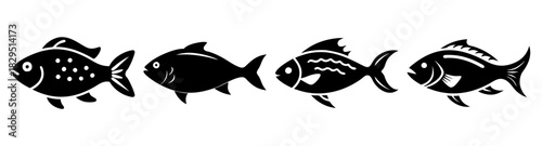 Four stylized black fish silhouettes with varying fin and body patterns in a row illustration