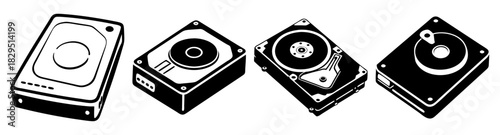 Four stylized hard drives in black and white with diamond shaped perspective and simple line work