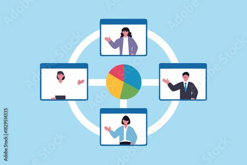 Online business meeting with pie chart and four participants