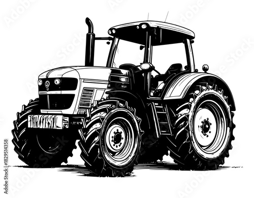 illustration hand-drawn tractor black and white