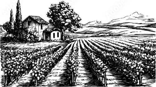 Vineyard with a house and tree in a black and white outline style. Vintage vector illustration of a rural landscape set.