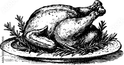 Roast chicken with herbs on platter. Detailed vintage black and white food vector illustration.