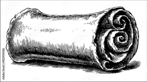 Parchment scroll with detailed line shading and antique texture. Black and white vintage vector illustration.