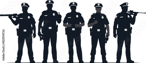 Vector Silhouette Group of Five Male Police Officers in Uniform, Illustrating Law Enforcement, Public Safety, Protection, Authority, and Security Services