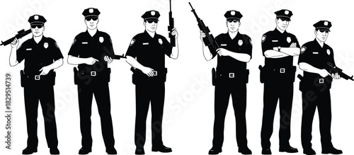 Vector Silhouette Collection of Six Police Officers and Law Enforcement Agents Holding Rifles and Firearms, Illustrating Security, Authority, and Protection