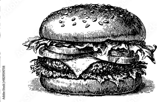 Burger with beef, cheese, lettuce, tomato, onion, and sesame bun. Detailed black and white sketch food vector illustration.