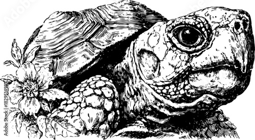 Turtle illustration in black and white sketch style. A detailed vector illustration showcasing wildlife with surrounding leaves.
