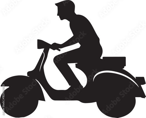 A black silhouette of a man riding a motor scooter, illustrating the figure and the scooter in a simple, stark, and graphic style.