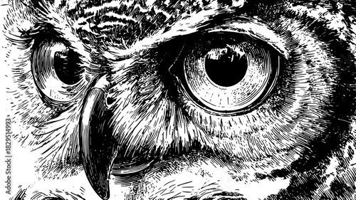 Detailed illustration of an owl showcasing its intense eyes and feathers in a realistic black and white vector format. The close-up emphasizes the creature's unique features.