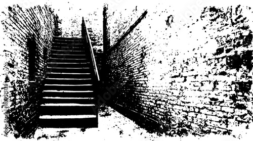 Staircase illustration with brick walls in black and white. Monochrome vector set depicting texture and geometric design elements.