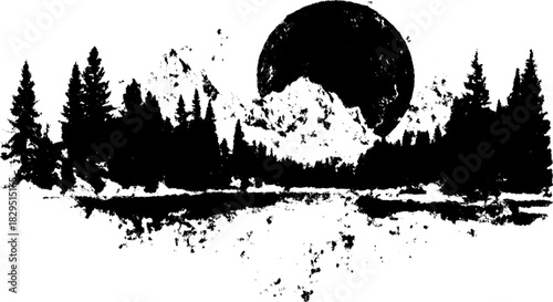 Nature landscape with mountain silhouette and trees. Black and white vector illustration showcasing a peaceful outdoor scene.