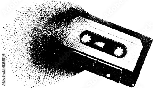 Cassette tape in vintage engraving style. Black and white hand-drawn outline vector illustration set representing audio media.