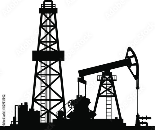 Vector Silhouette of an Oil Drilling Derrick and Pump Jack Working Together, Illustrating Fossil Fuel Extraction, Energy Production, and the Gas Industry