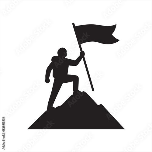 Silhouette mountain climber holding flag on summit vector illustration