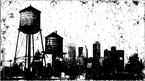 Water tank silhouettes against a city skyline. Black and white vector illustration with a vintage distressed texture, showcasing a graphic set.