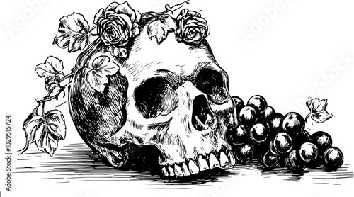 Skull with roses, vine, leaves, and grapes shown in a detailed black and white lineart style. Still life vector illustration with vintage and gothic elements.
