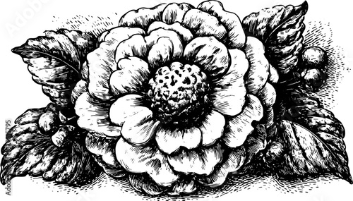 Black and white vintage flower vector illustration with detailed outline and decorative leaves. Set of engraved artwork in a classic botanical style.