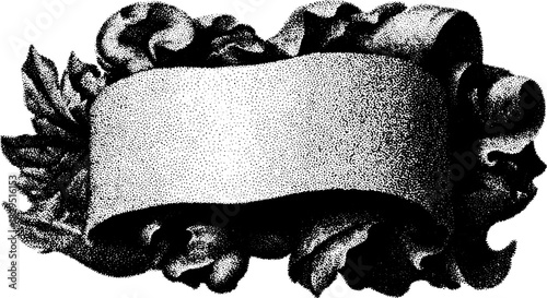 Antique engraving of a decorative banner featuring floral elements. Detailed vector illustration with a vintage-style design.