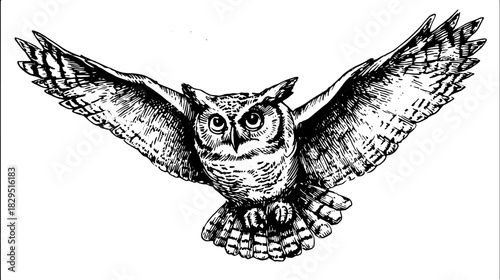 Owl in flight with wings wide, detailed feathers and expressive eyes. Black and white ink sketch, vector illustration with realistic line drawing style.