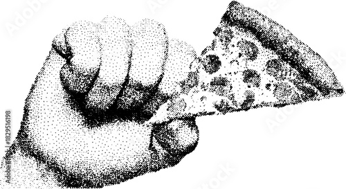 Pizza held by a fist in an engraving style. Black outline illustration with vintage aesthetics, suitable for designs or artwork in vector format.