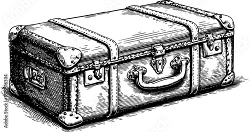 Vintage suitcase with leather straps and metal corners in a detailed monochrome sketch. Classic vector illustration in black and white.