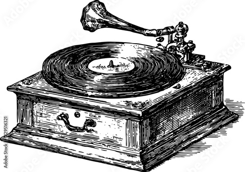 Vintage gramophone with a record. Black and white outline drawing; classic musical device vector illustration.