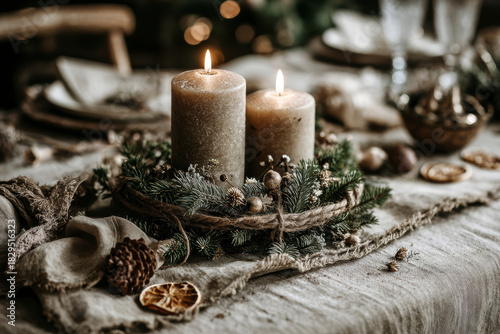 Second Advent Sunday – Two Candles Lit in Traditional Christmas Wreath with Citrus and Pinecones. AI generative.