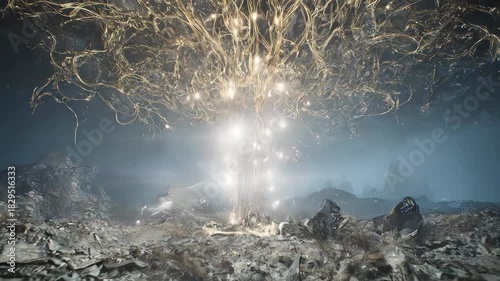 Golden, ethereal tree-like structure over a desolate, debris-strewn landscape