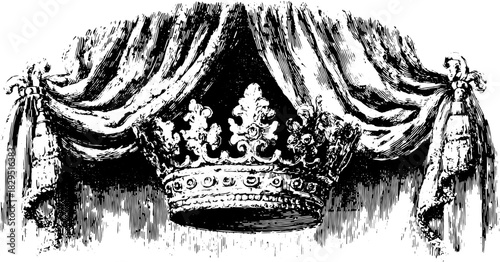 Crown with detailed curtain in vintage style. Black and white vector illustration with regal and ornate design elements.