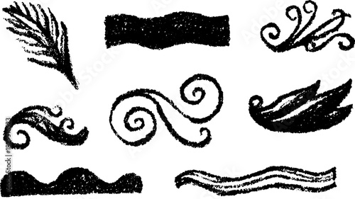 Silhouette drawing elements in black color. Hand-drawn decorative vector illustration with various shapes and designs.