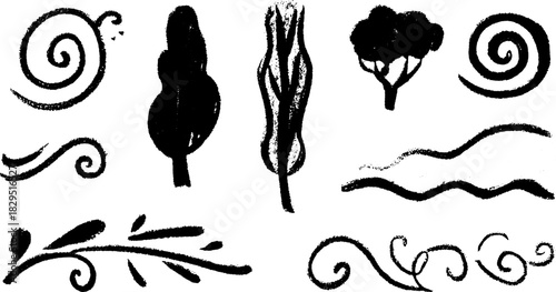 Doodles and silhouettes in black outline style. This hand-drawn vector illustration features abstract shapes and elements in a cohesive set.