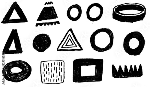 Silhouette hand-drawn shapes including triangles, circles, and squares. This black outline illustration set showcases unique doodle art elements for design projects.