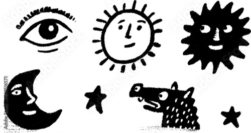Hand-drawn black illustrations of sun, moon, eye, dog, and stars. Simple silhouette style vector set showcasing various designs.