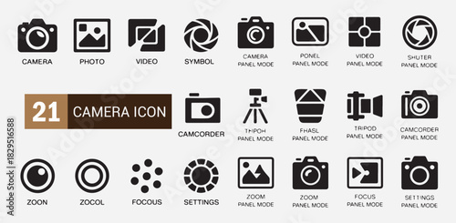 Set of 21 camera icons for photography, video, and multimedia, including various modes