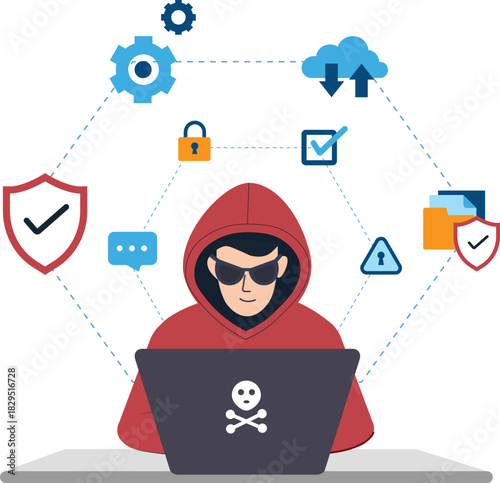 Hacker or programmer using laptop for cyber crime or data protection surrounded by security icons