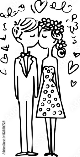 Wedding couple silhouette illustration. Hand-drawn outline in a simple black vector design expressing love and romance.