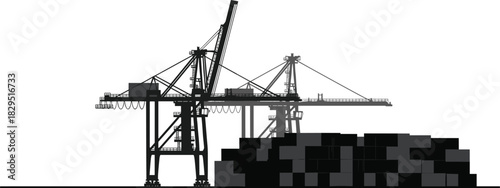 Vector Silhouette of Large Gantry Cranes and Stacked Shipping Containers at a Port Terminal, Illustrating Global Logistics, Freight Transport, and Commerce