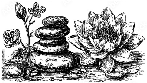 Lotus flower and stacked stones in vintage engraving style. A detailed black and white vector illustration highlighting natural beauty.