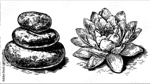Stacked stones and a blooming lily in black and white. Vintage vector illustration featuring outline drawings for artistic use.