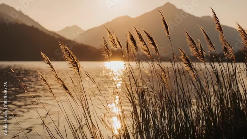 Golden grasses by a lake at sunset