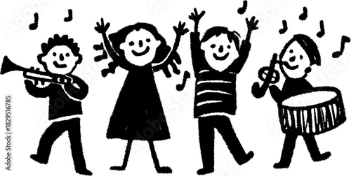 Musicians playing instruments: trumpet, drum, and flute. Happy kids with raised hands, enjoying music in a simple vector illustration.