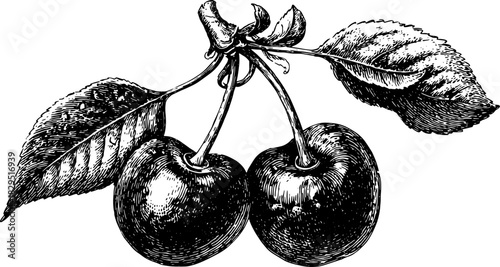 Cherries in black and white outline style. Vintage vector illustration featuring detailed leaves and fruit set.