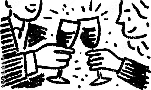 Toast and celebration with drinks in a simple monochrome vector illustration of people clinking glasses in a festive set.
