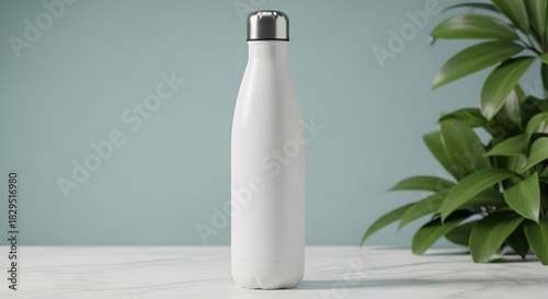 White reusable water bottle with silver cap on white countertop with green plant