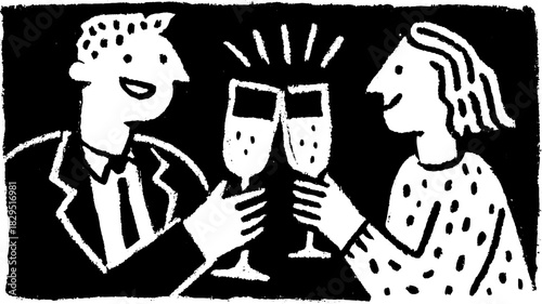 Couple toasting with glasses in a simple vector illustration. This black and white design depicts a modern celebration scene.
