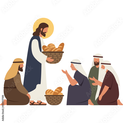 Jesus feeds the multitude with bread in baskets, biblical scene miracle feeding religion christianity bible
