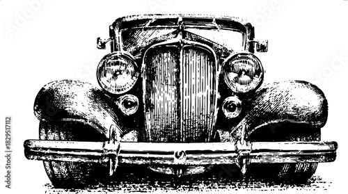 Vintage car in black and white outline illustration. Detailed vector graphic of a classic automobile showcasing prominent design features.