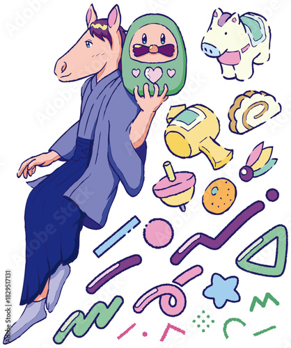 正月素材　年賀状　縁起物　メンフィス　ニューレトロ　シティポップ　ファンシー