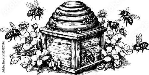 Illustration of a beehive surrounded by flowers and bees. Vintage black and white vector artwork emphasizes nature and pollinators in a botanical style.